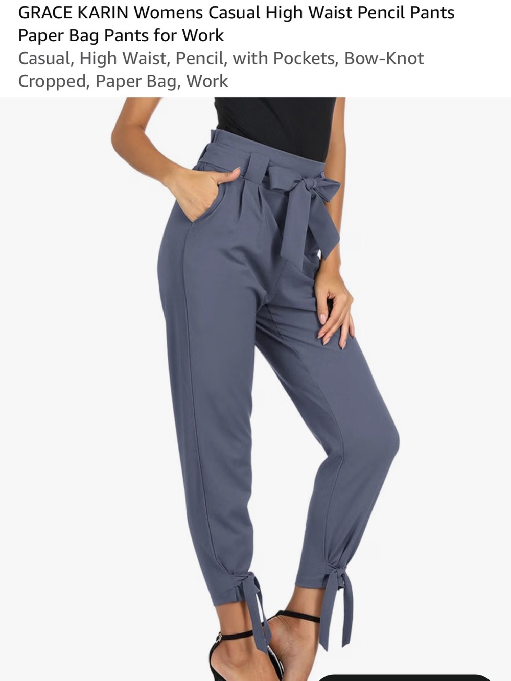 Grace Karin Slate Blue High-Waist Paper Bag Pencil Pants with Waist Bow